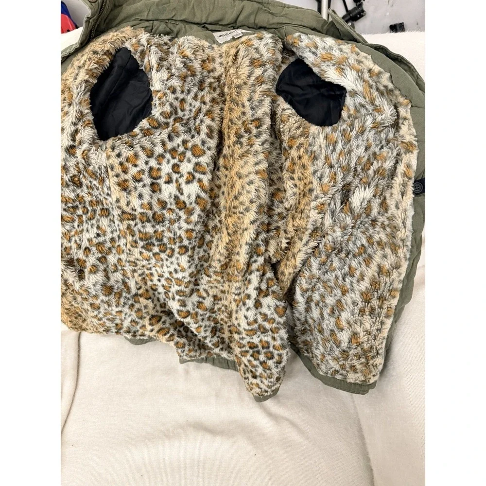 Urban Republic Jacket Girls L 14 Olive Green Anorak Parka Leopard Faux Fur Liner